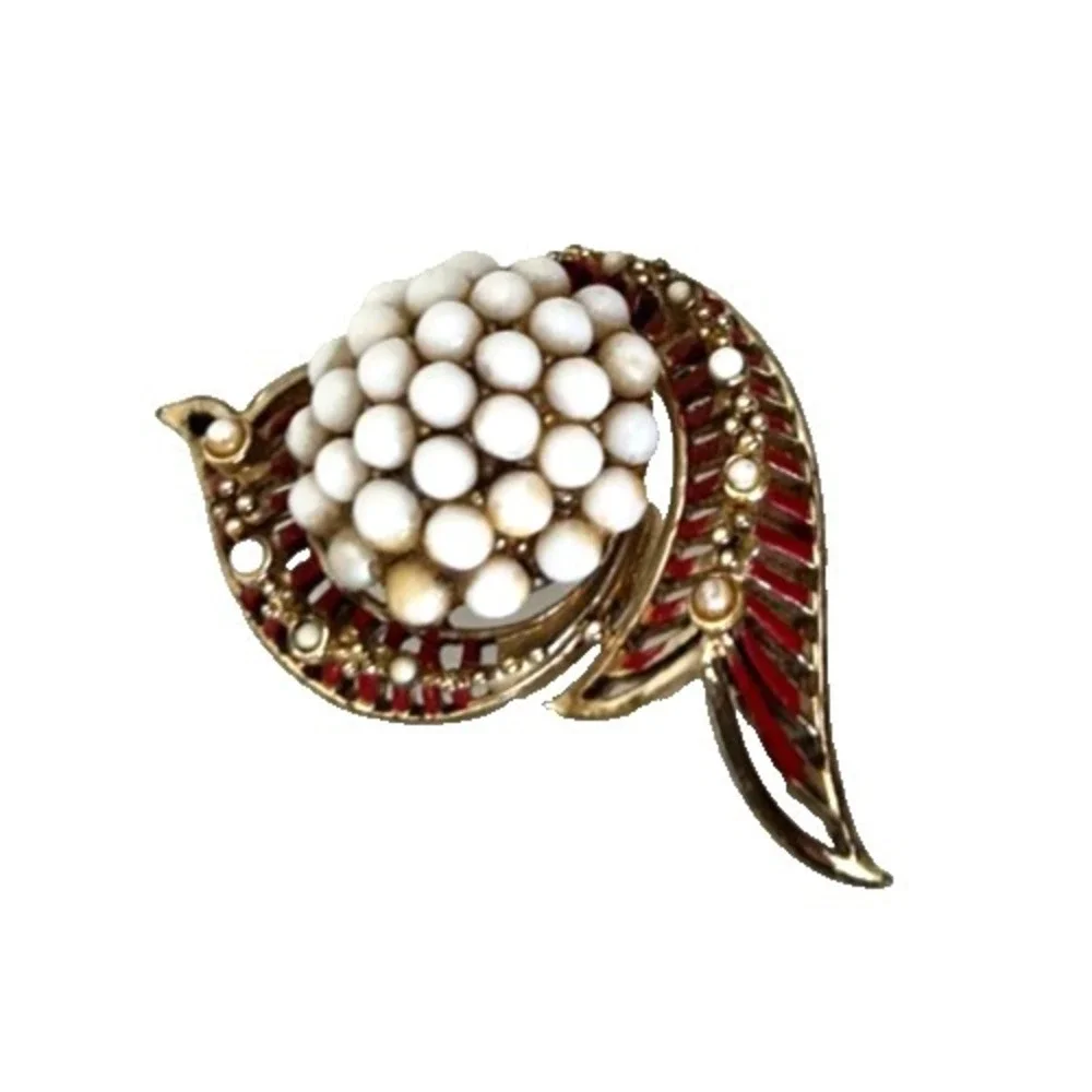 Vntage CORO Signed Spray Brooch Pin Pearl Milk Glass Bead Cluster Red Enamel 50s